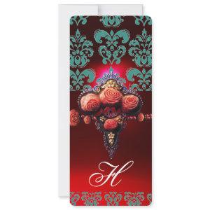 GOLD RED CORAL ROSES, BLUE BLACK DAMASK MONOGRAM
