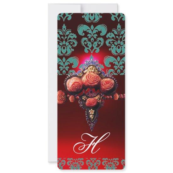 GOLD RED CORAL ROSES, BLUE BLACK DAMASK MONOGRAM