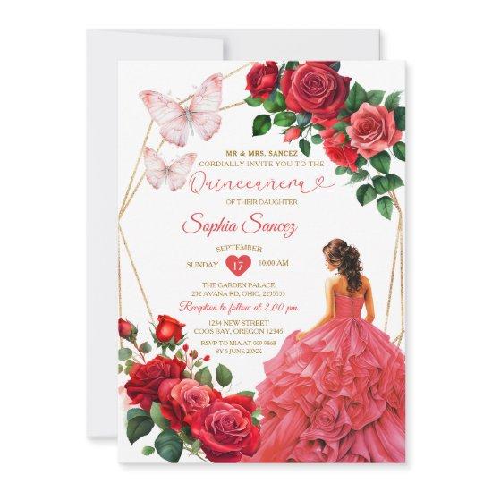 Gold & Red Dress Floral Princess Quinceañera