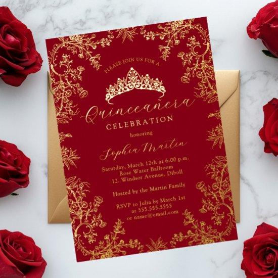 Gold Red Elegant Vintage Quinceanera  Foil