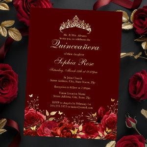 Gold Red Floral Butterfly Tiara Quinceanera Foil
