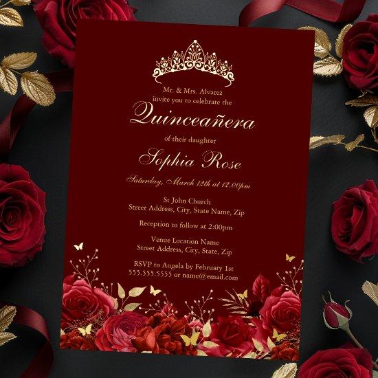 Gold Red Floral Butterfly Tiara Quinceanera Foil