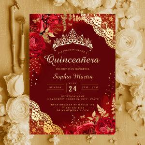 Gold Red Floral Lace Quinceanera  Foil