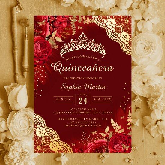 Gold Red Floral Lace Quinceanera  Foil