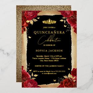 Gold Red Rose Tiara Lace Quinceanera Birthday  Foil