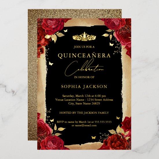 Gold Red Rose Tiara Lace Quinceanera Birthday  Foil