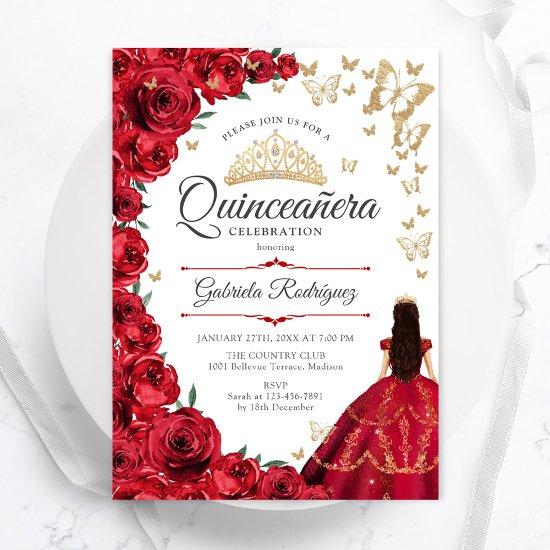 Gold Red Roses Floral Quinceanera