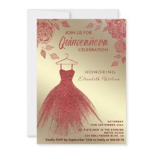 Gold Red roses red glitter dress Quinceañera