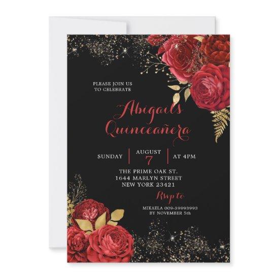 Gold Red Roses Stiletto Floral Quinceañera