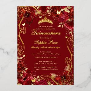 Gold Red Vintage Butterfly Floral Quinceanera  Foil