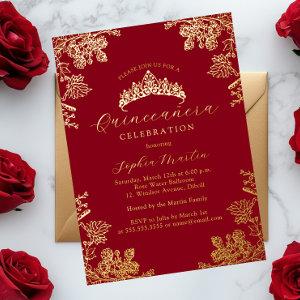 Gold Red Vintage Floral Quinceanera  Foil