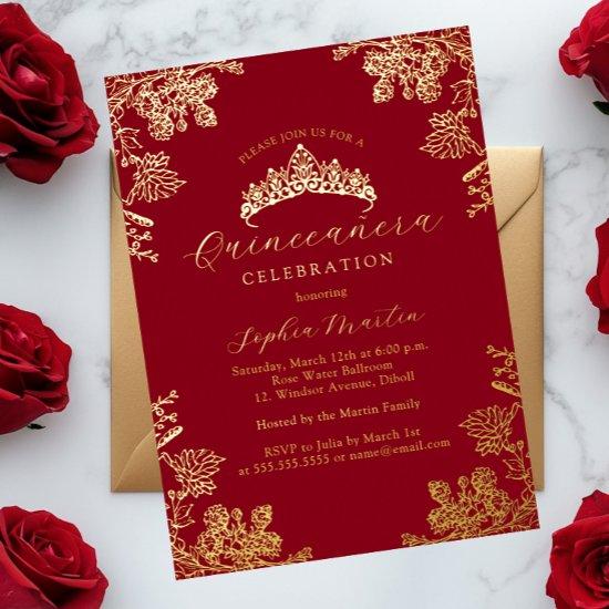 Gold Red Vintage Floral Quinceanera  Foil