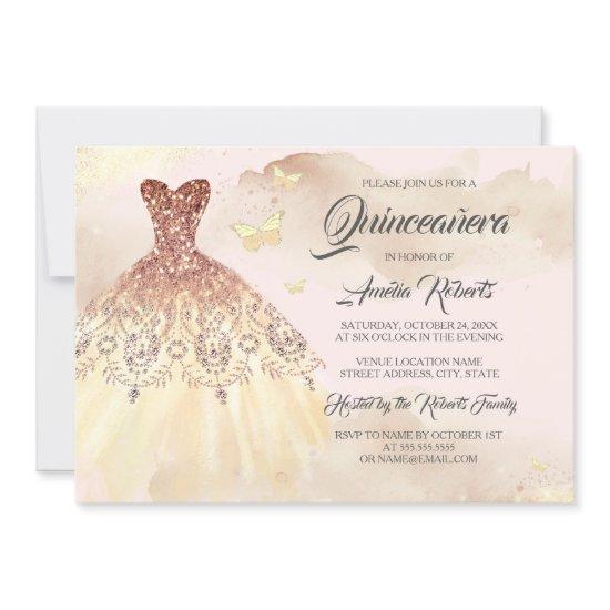 Gold Rose Gold Dress Pink Watercolor Quinceanera