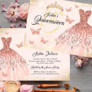 Gold Rose Gold Quinceanera Butterfly Dress