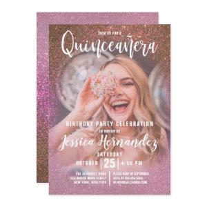Gold Rose Pink Triple Glitter Photo Quinceañera