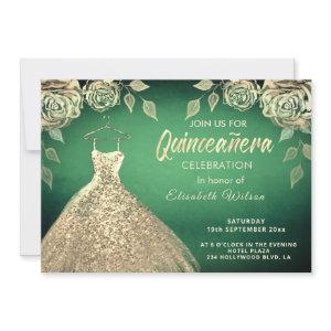 Gold roses sequins gold dress Quinceañera green