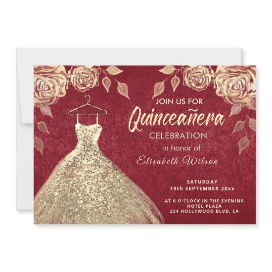 Gold roses sequins gold dress Quinceañera red
