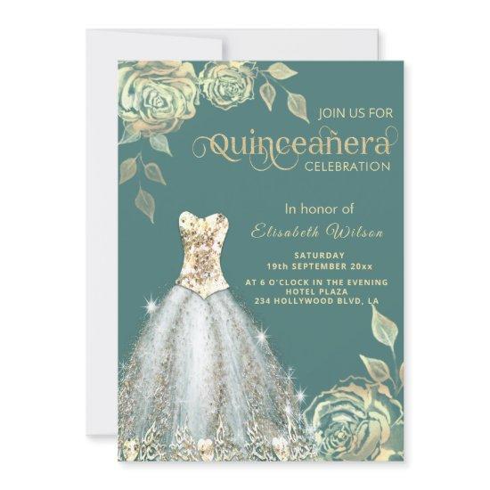 Gold roses trendy gold sequins dress Quinceañera