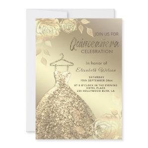 Gold roses trendy gold sequins dress Quinceañera