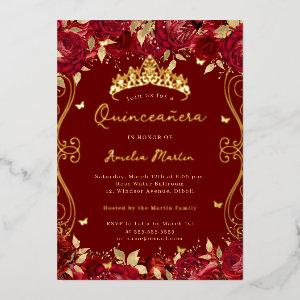 Gold Ruby Red Swirl Scroll Floral Quinceanera  Foil