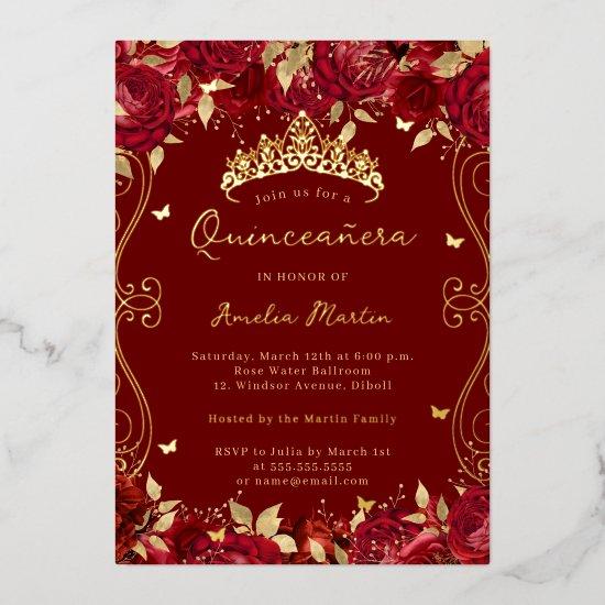 Gold Ruby Red Swirl Scroll Floral Quinceanera  Foil