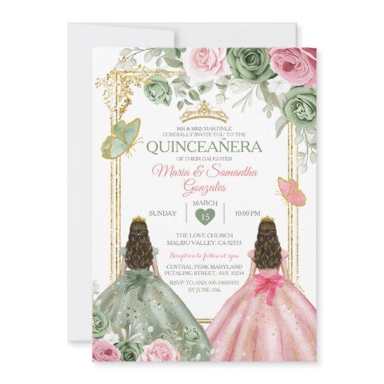 Gold Sage Green And Pink Twin Quinceañera