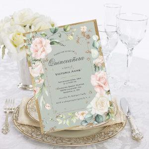 Gold Sage Green Elegant Floral Quinceañera