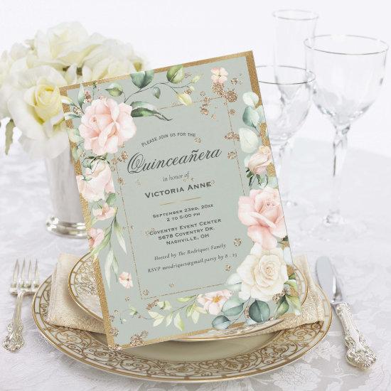 Gold Sage Green Elegant Floral Quinceañera