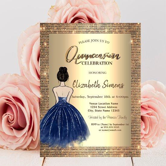 Gold Sequins,Blue Dress Girl Quinceañera