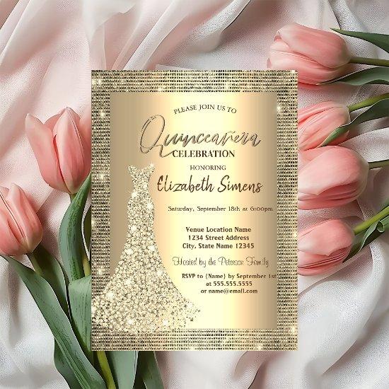 Gold Sequins,Chic Diamonds Dress Quinceañera