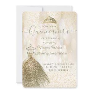 Gold sequins dress bokeh tiara Quinceañera