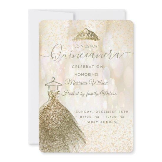 Gold sequins dress bokeh tiara Quinceañera