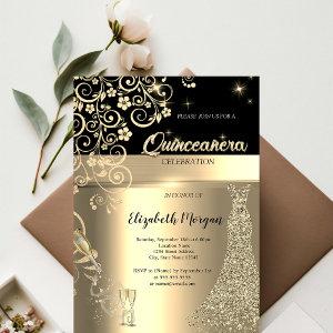 Gold Sequins Dress Glass Floral Quinceanera