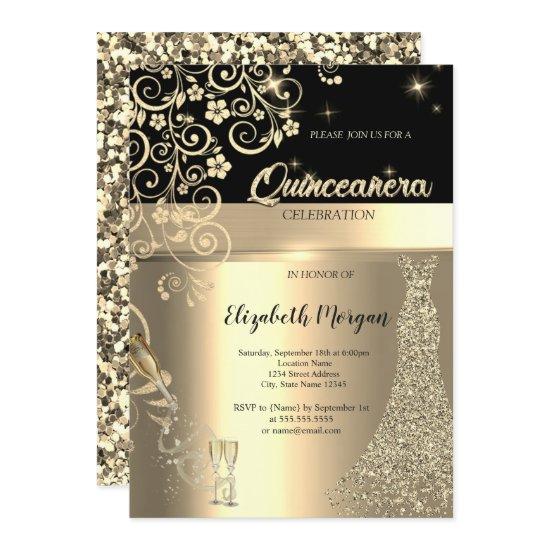Gold Sequins Dress Glass Floral Quinceanera