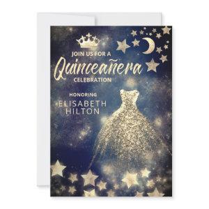 Gold Sequins dress moon stars Quinceañera blue