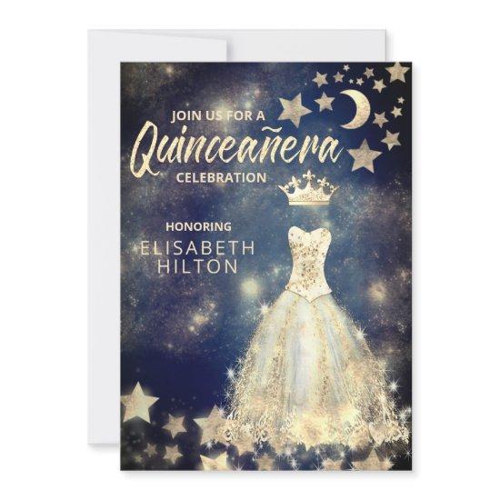 Gold Sequins dress moon stars Quinceañera blue