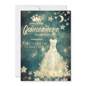 Gold Sequins dress moon stars Quinceañera green