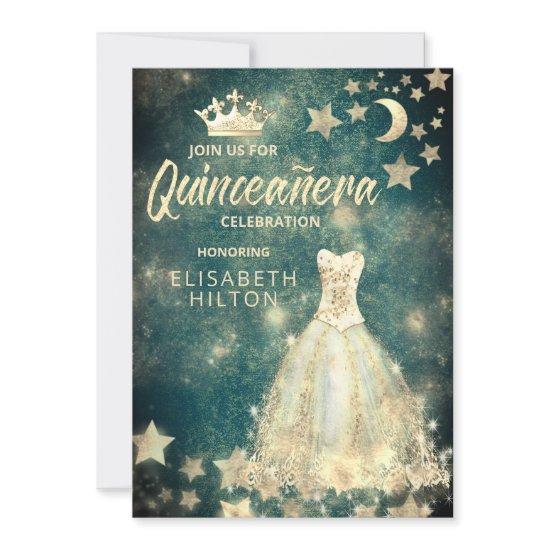 Gold Sequins dress moon stars Quinceañera green