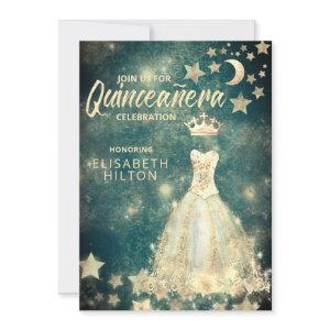Gold Sequins dress moon stars Quinceañera green