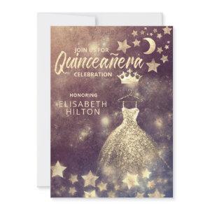 Gold Sequins dress moon stars Quinceañera Invitati