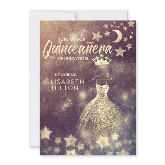 Gold Sequins dress moon stars Quinceañera Invitati