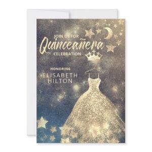Gold Sequins dress moon stars Quinceañera Invitati