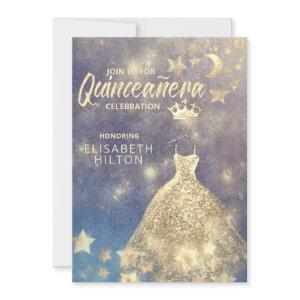 Gold Sequins dress moon stars Quinceañera Invitati