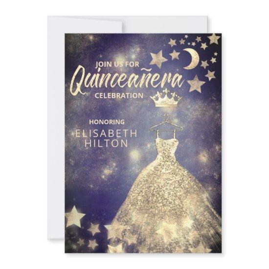 Gold Sequins dress moon stars Quinceañera