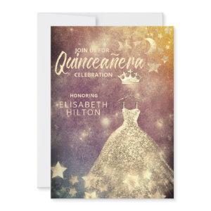 Gold Sequins dress moon stars Quinceañera