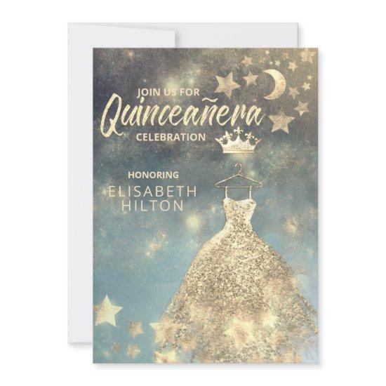 Gold Sequins dress moon stars Quinceañera