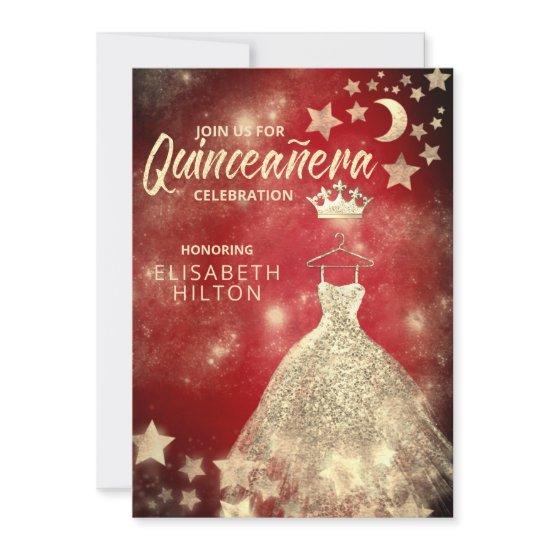Gold Sequins dress moon stars Quinceañera red Invi
