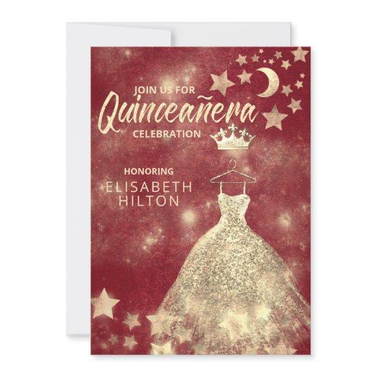 Gold Sequins dress moon stars Quinceañera red