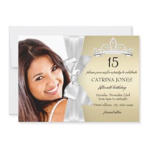 Gold Silver Diamond Bow & Tiara Quinceanera Invite