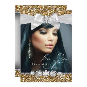 Gold Silver Glitter Bow Photo Quinceanera Invite